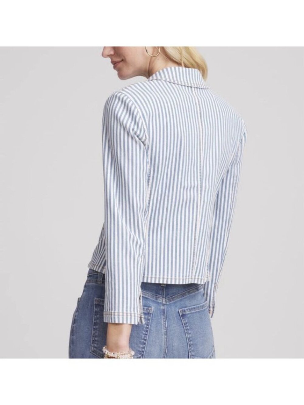 Chicos Open Front Denim Jacket Womens 1/Medium Blue White Striped Classic Fit - Picture 3 of 13